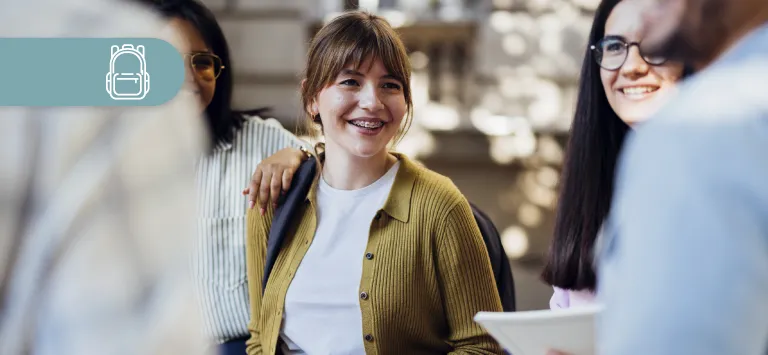 College students successfully engaged with CRM strategies meet on campus during enrollment.